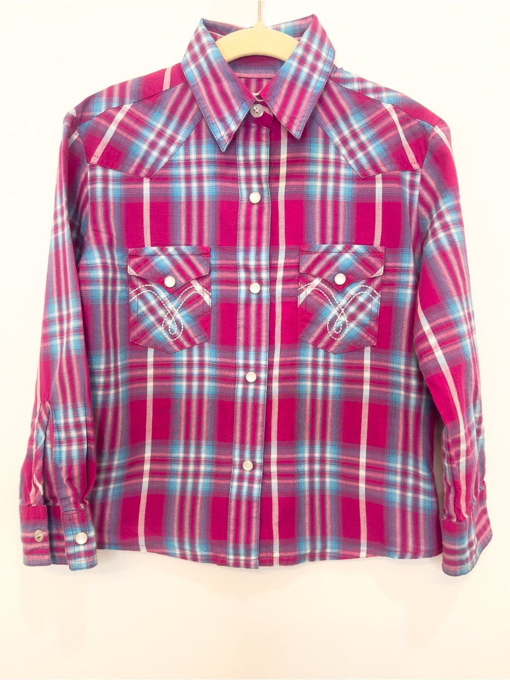 Panhandle 100% Cotton Pink Turquoise Plaid Pearl Snap Western Shirt XS Cowgirl